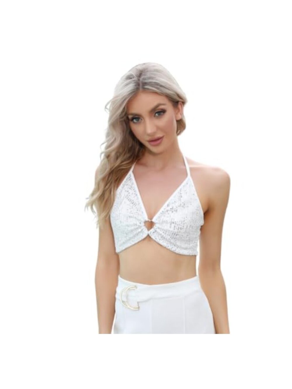 Women Sequin Crop Top Halter Neck Sleeveless Slim Fit Party Clubwear Vest